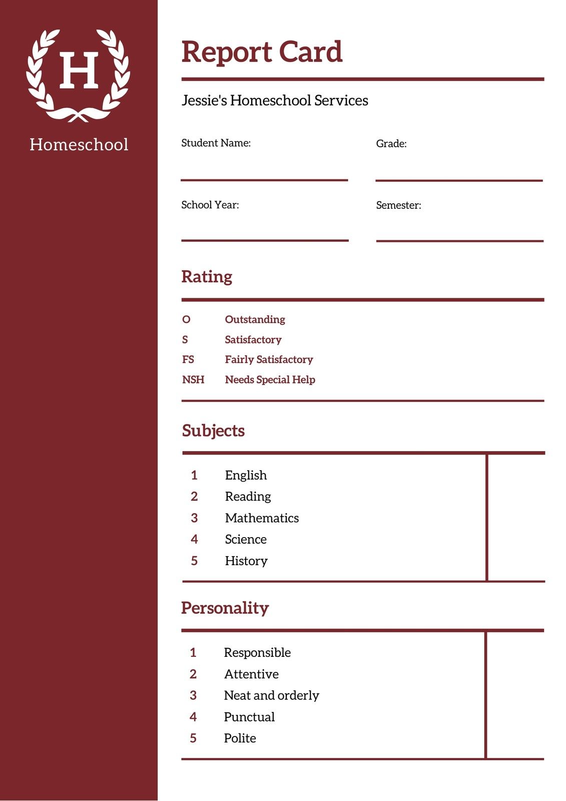 Maroon and White Homeschool Report Card - Templates by Canva | Report